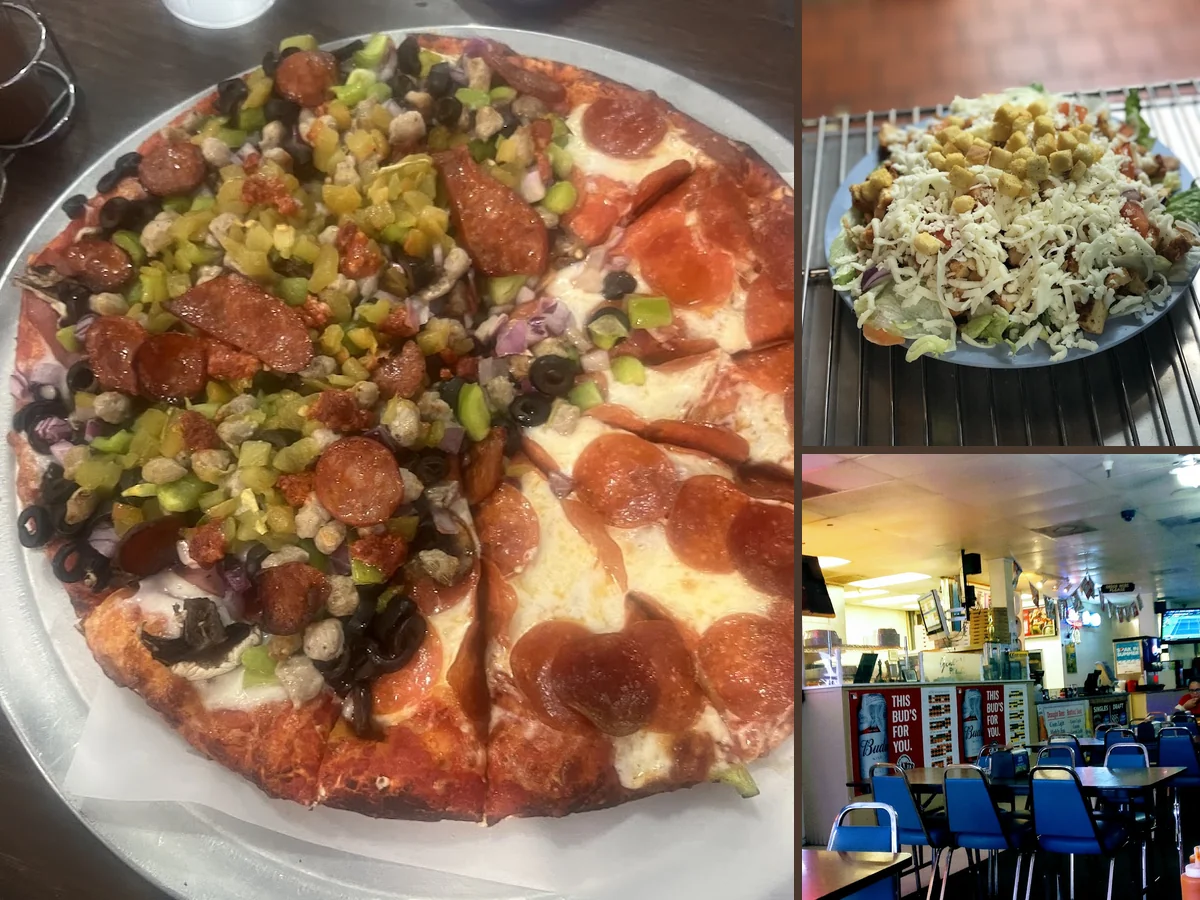 Casual pizza shop interior with arcade games nearby.