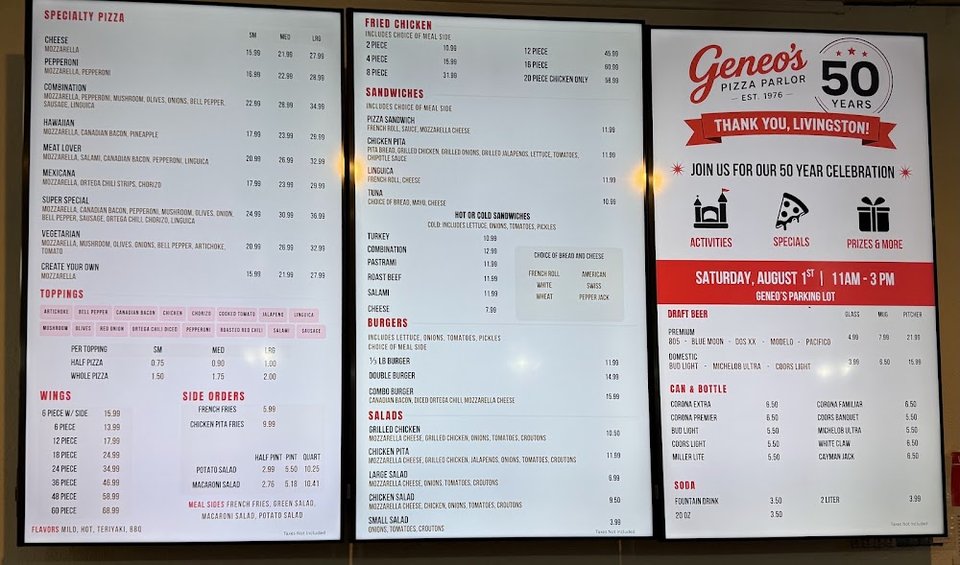 Restaurant menu page with pizza selections.