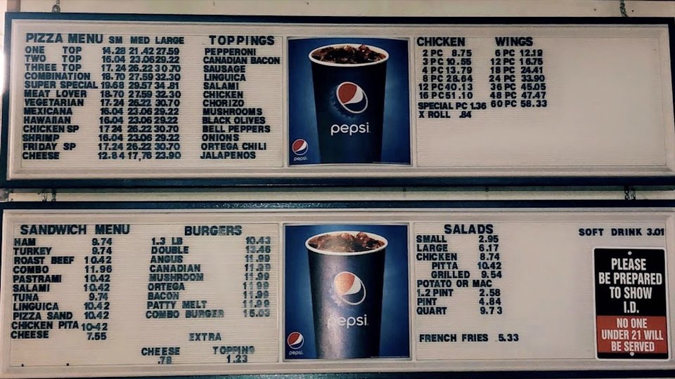 Simple menu layout for a pizza restaurant.